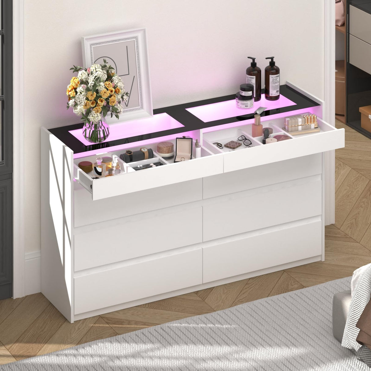 White 8 Drawer Dresser for Bedroom with LED Light, Modern Dresser Chest of Drawers with Hidden Handles and Glass Top, Dressers Organizer for Bedroom, Closet, Living Room LIVAUVEAD