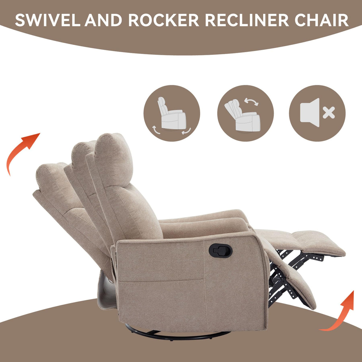Rocker Recliner Chair for Adults, Swivel Rocker Recliner with Massage and Heat, Adjustable Glider Recliner Nursery Chair with Black Metal Base, Small Recliners for Small Spaces, Living Room (Khaki) anwickjeff