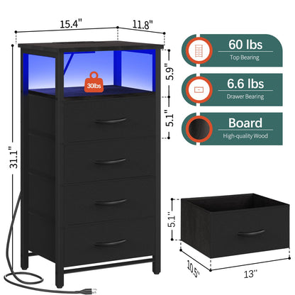 Yoobure Night Stand - Small Dresser for Bedroom, LED Black Nightstand with Charging Station, Bedside Table with 4 Fabric Drawers and Open Shelf, Vertical Dressers with USB Ports and Outlets