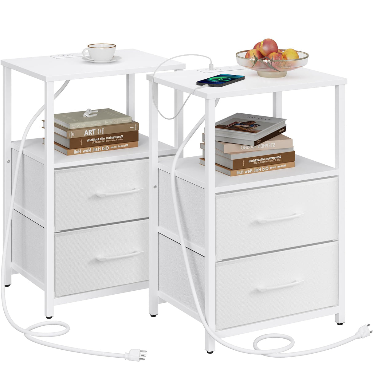 TUTOTAK End Table with Charging Station, Side Table with 2 USB Ports and Outlets, Nightstand with Cloth Drawer, Set of 2, Couch Table, White TB01BW052 TUTOTAK