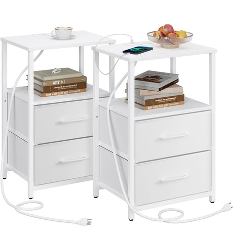 TUTOTAK End Table with Charging Station, Side Table with 2 USB Ports and Outlets, Nightstand with Cloth Drawer, Set of 2, Couch Table, White TB01BW052 TUTOTAK