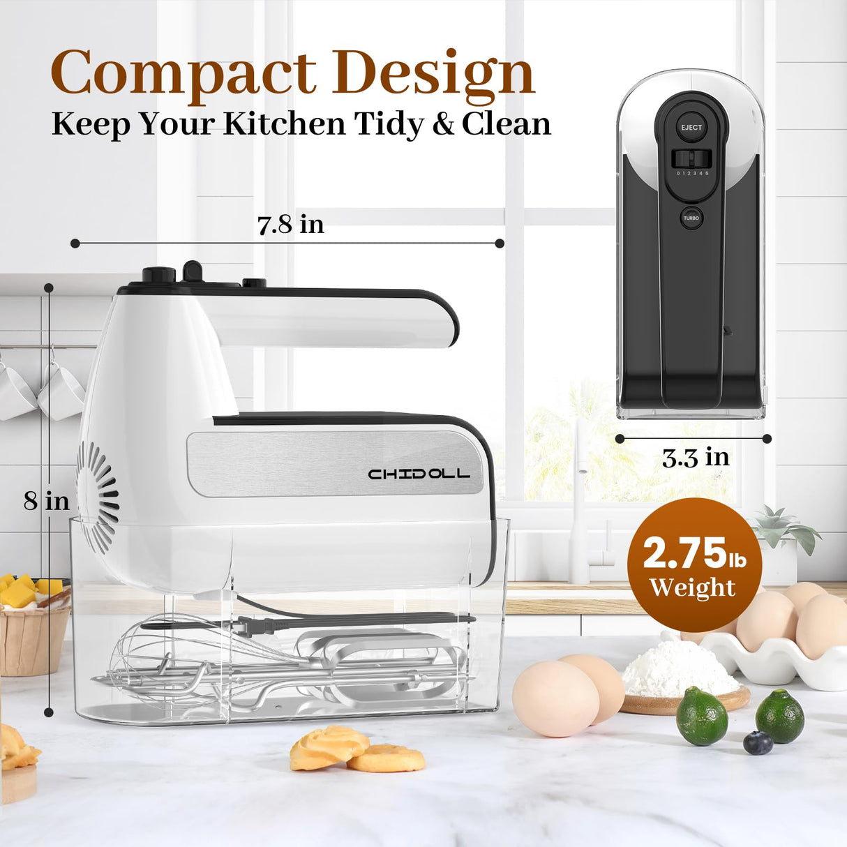 5-Speed Electric Hand Mixer, 800W Handheld Mixer with Turbo for Baking & Cooking, Kitchen Food Mixer with Storage Case & 5 Stainless Steel Attachments (2 Beaters, 2 Dough Hooks, 2 Whisks)-White CHIDOLL