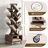 iabifo 49" Rotating Tree Bookshelf, 7 Tier Double Sided Shelf, Wood Corner Bookshelf with Wheels, 360 Display Spinning Bookcase Storage Rack, Ideal for Small Rooms, Easy Assembly, Rustic Brown iabifo