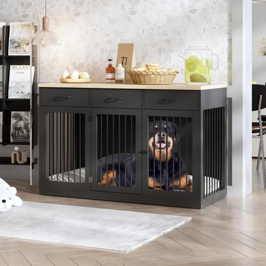 DAWNSPACES Extra Large Dog Crate Furniture with 3 Drawers, Indoor Heavy Duty Dog Kennel House, 55.3" Furniture Style Dog Crate Side End Table TV Stand for XL Large Medium Breed Dogs, Black - WoodArtSupply