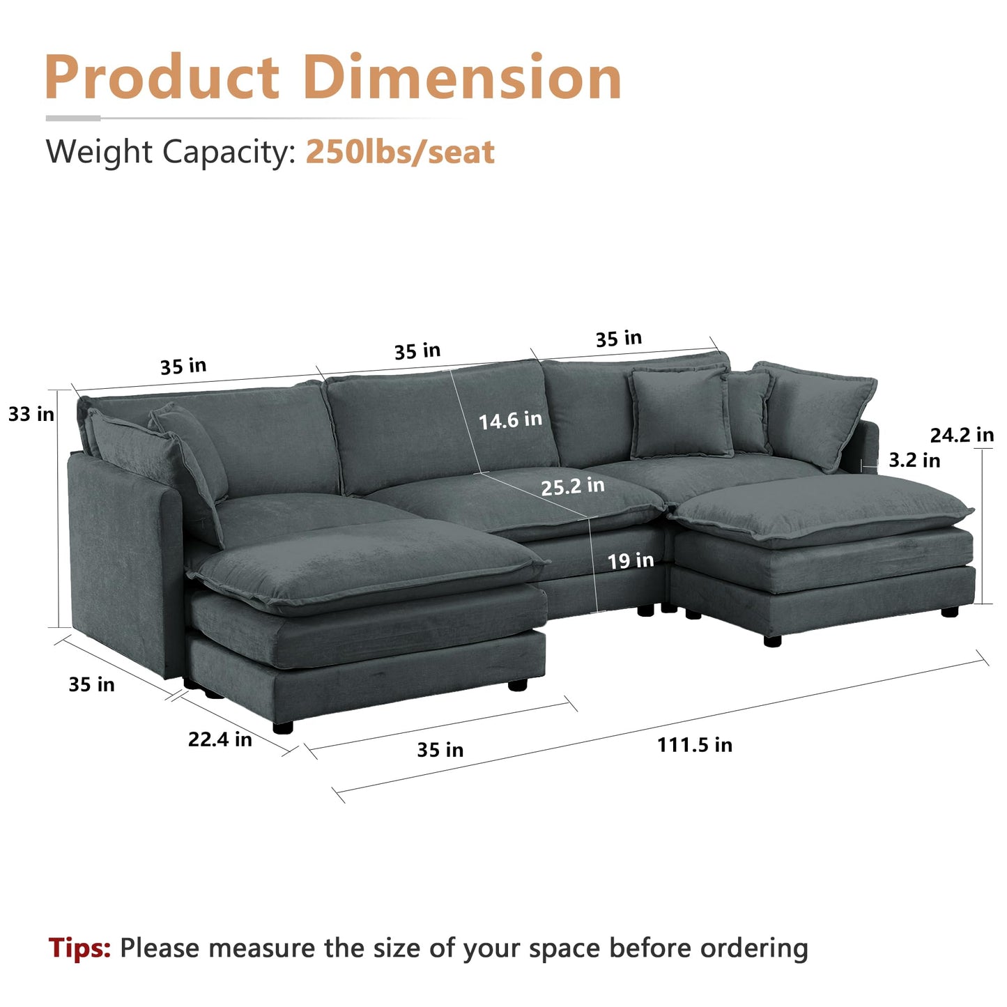 mikibama Modular Sectional Sofa, 111.5 Inch U Shaped Couch Set for Living Room, 3-Seater Comfy Cloud Couches with Movable Ottoman, DIY Combination, Chenille, Grey