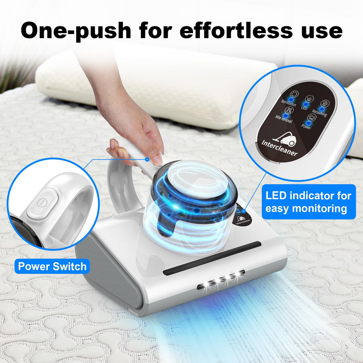 Mattress Vacuum Cleaner,13Kpa Powerful Suction Bed Vaccum Cleaner with UV-C Light,LED Headlights and High Heating Tech,1.2kg Light Weight Handheld vaccum for spot Cleaning,Sofa,Couch Fabric Cleaner Intercleaner