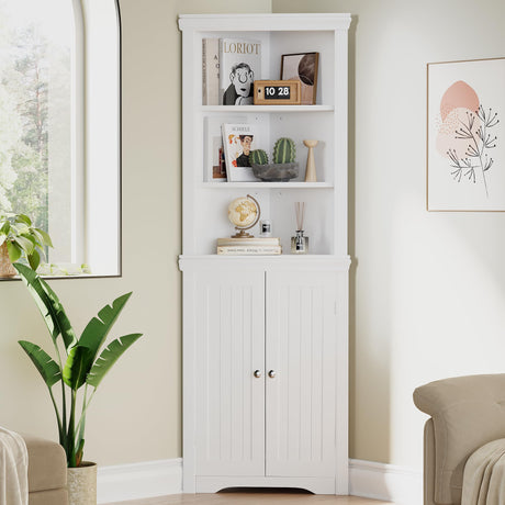 Shahoo Corner Cabinet, Storage Shelf Stand with 2 Doors & 4 Adjustable Dividers, Tall Displaying Bookcase for Small Space, Multi Unit Organizer, for Bathroom, Livingroom, White Shahoo