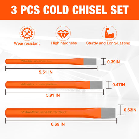 ValueMax 3-Piece Heavy Duty Cold Chisel Set, 3/8-Inch, 1/2-Inch & 5/8-Inch Metal Chisel Set, Premium Cr-V Steel, for Carpentry, Metalwork, Woodwork & Masonry Work ValueMax