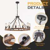 Benkut Farmhouse Wagon Wheel Chandelier 31" Black Rustic Light Fixtures 12-Light Wood Round Chandelier for Dining Room Living Room Entryway Foyer Benkut