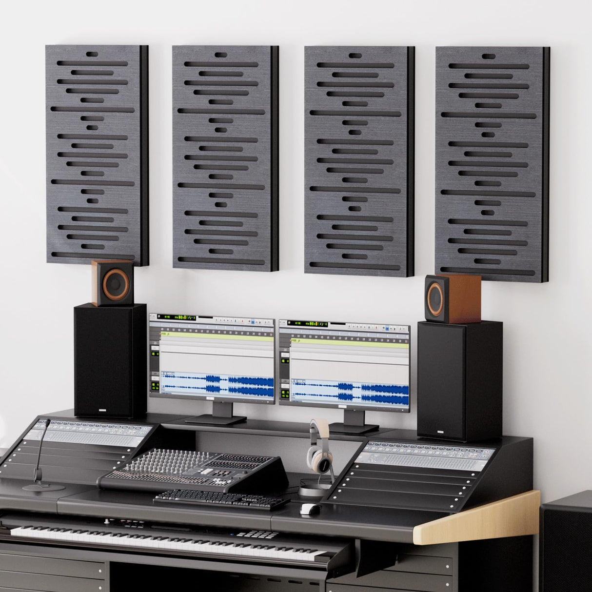 TONOR 4-Pack Acoustic Wood Wall Panels, 23.6” * 11.8” * 1.9” 3D Self-adhesive Wall Panel, Three-layer Soundproof Tiles for Echo Absorbtion, Acoustical Barrier of Polyester Fiber, wood, Black Wood TONOR