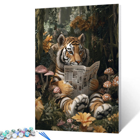 Jungle Animals DIY Paint by Numbers for Adults Tiger Reading Newspapers Digital Oil Painting Forest Kits on Canvas Acrylic Paint DIY Acrylic Paintwork Home Decor Gift 16x20 Inch (Frameless) Aihonmin