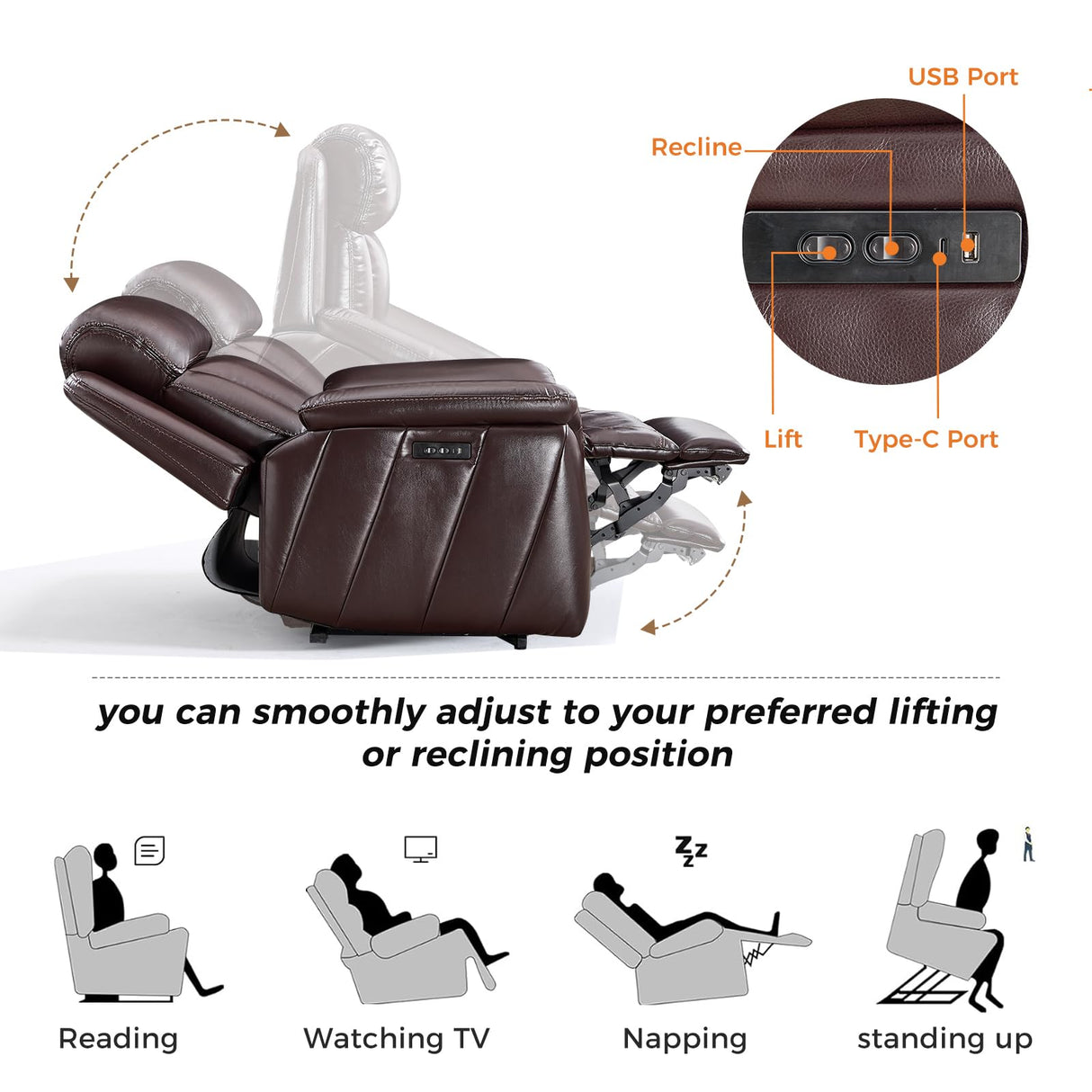 CANMOV 50" Wide Oversized Recliner, Faux Leather Power Lift Recliner Chair, Extra Large Lift Chair with Massage and Heat, Stand Up Recliner for Elderly Big and Tall, Brown CANMOV