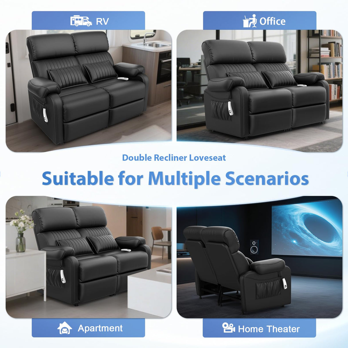 Duitrc Power Loveseat Recliner Sofa, Black PU Leather Zero Gravity Double Reclining RV Couch with USB & Type C Ports, Pillows, Side Pockets, 2 Seater for Living Room Duitrc