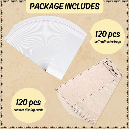 Whaline 120Pcs Car Coaster Packaging for Selling Sublimation Car Coaster Display Cards with Self-Seal Bags Car Coaster Display Bags with White Kraft Cards Heat Press Machines Accessories