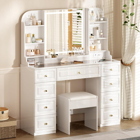 YYJ 42" Makeup Vanity Desk with Mirror and Lights, & Power Outl,Glass Top Big Vanity Table with 9 Drawers& 8 Storage Shelves,Vanity Table Set with Chair for Bedroom,White,W YYJ