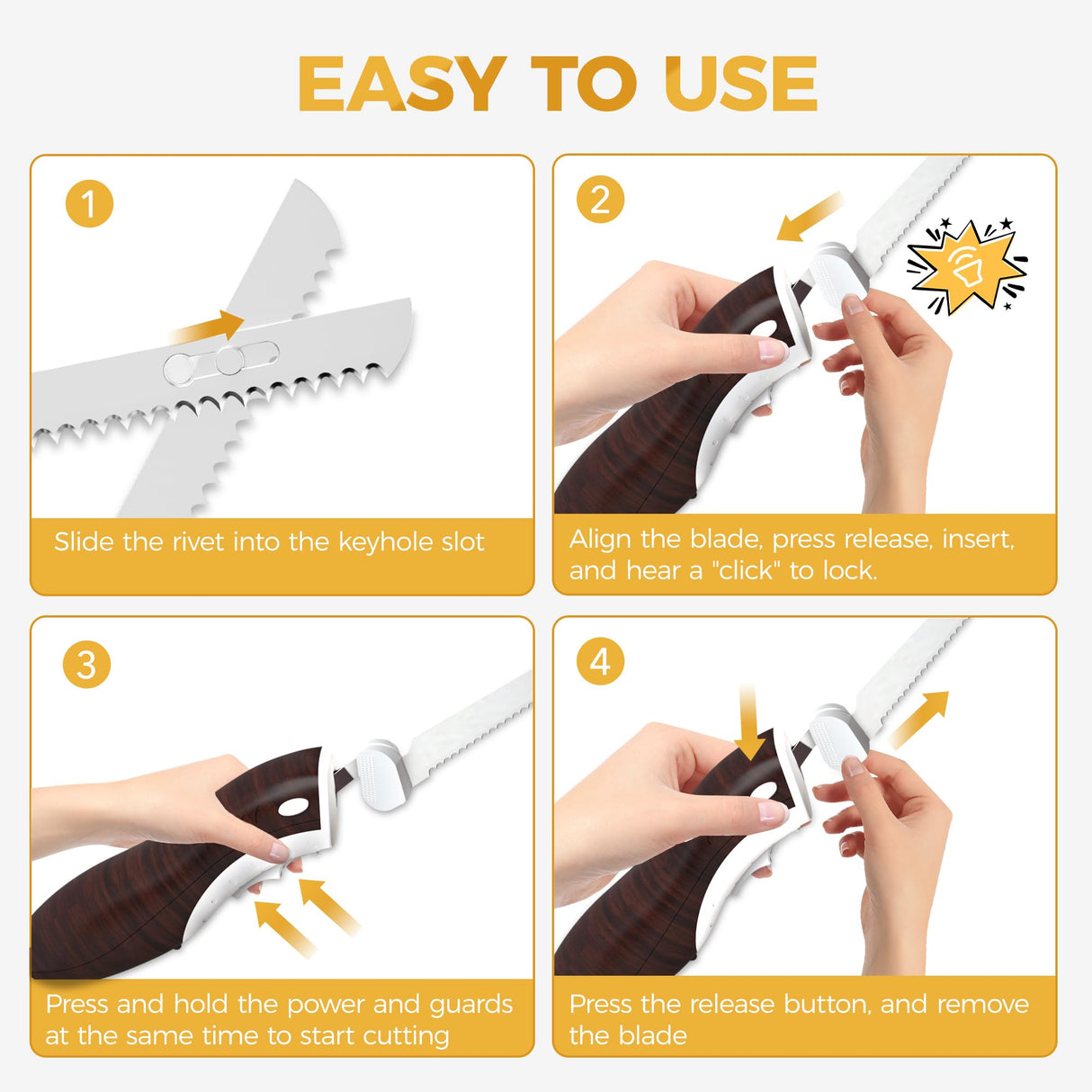 HBN Electric Knife Serrated Edge Blade Knife Set for Carving Meat, Bread, Turkey, Ribs, Fillet and Cheese, Ergonomic Handle + 3 Blades for Raw & Cooked Food (Wood Grain Finish) HBN
