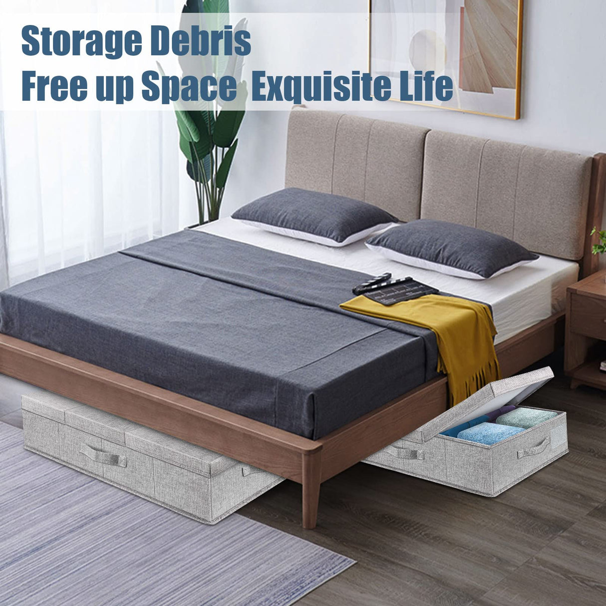 Supowin Underbed Storage Containers Bin with Lids (Set of 1) Large Under Bed Storage Organizer Box with Handle, Foldable Under the Storage Bags for Organizing Clothes, Shoes, Blankets, Pillows-Grey Supowin