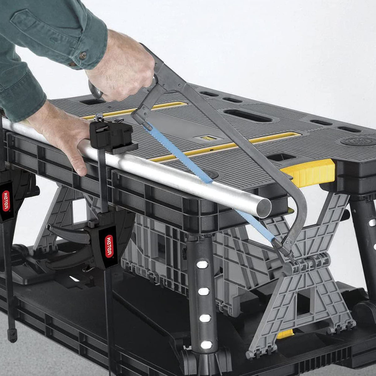 Keter Folding Portable Table Tool Stand Workbench with 2 12" Wood Clamps for Miter Saws, Home Improvement, and Construction, Black & Yellow (2 Pack) Keter