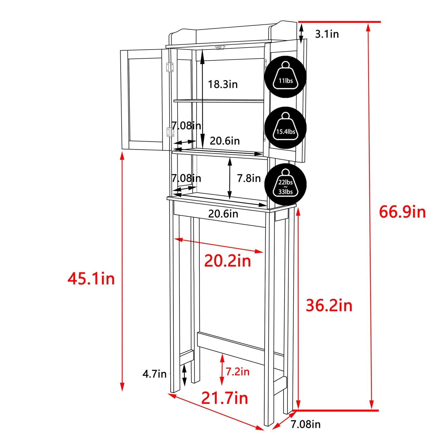 VEIKOU Over The Toilet Storage Cabinet, Bathroom Cabinet Over Toilet, Freestanding Over The Toilet Storage/Adjustable Shelf, Storage Rack, White