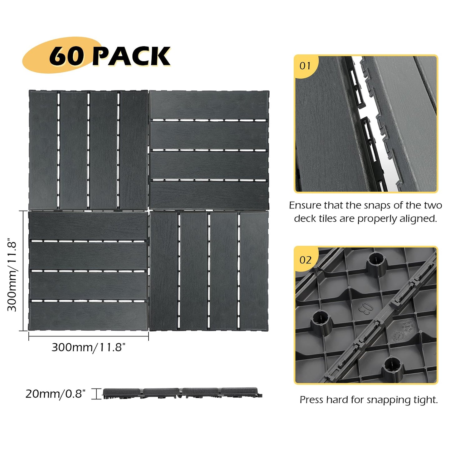 Dyna-Living 60 sq. ft Plastic Interlocking Deck Tiles, 60 Pack, 12"x12" Indoor Outdoor Waterproof Patio Floor Decking Tiles for Balcony, Backyard, Garden & Poolside, All Weather Use, Dark Grey