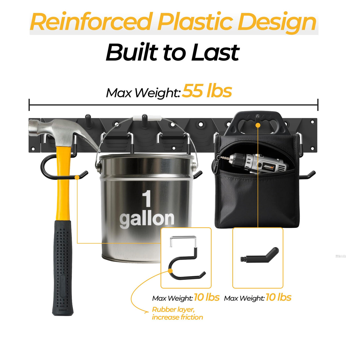 GARLWOLEX 34 Inch Garden Tool Organizer Wall Mount with Non Slip Rubber Coated Metal Hooks, Storage Rack for Indoor/Outdoor Shovel, Rake, Mop and Broom Holder Wall Mount （ 10 Hooks+10 Holders GARLWOLEX