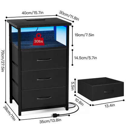 Fixwal Night Stand with Charging Station, LED Nightstand with USB Ports and Outlets, 3 Fabric Storage Drawers with PU Finish, Bed Side Table for Bedroom, Living Room, Black