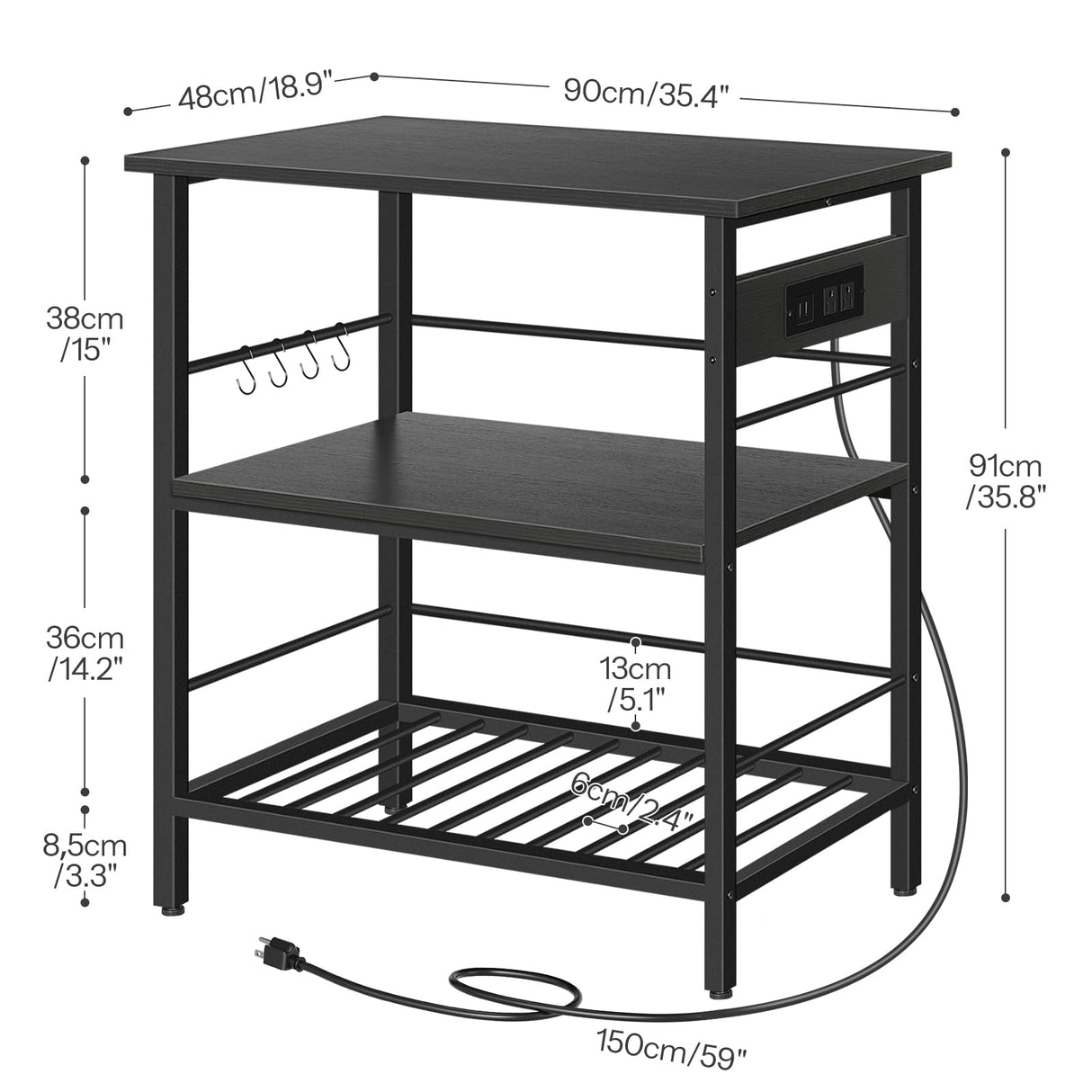HOOBRO Kitchen Island with Storage, Kitchen Island Table with Power Outlet, 35.4" L 3 Tier Coffee Station and Microwave Stand, for Home, Kitchen and Dining Room, Black BB021ZD01 HOOBRO