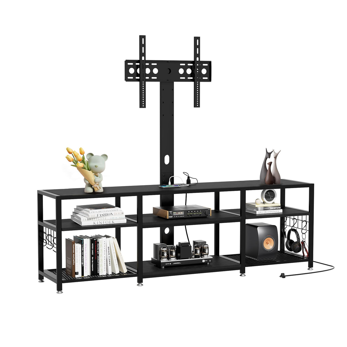 VECELO TV Stand with Mount and Power Outlet, Height Adjustable Entertainment Center with Storage Shelves for 32/55/65/70/75 inches Televisions, Console Table for Living Room, Bedroom, Matte Black VECELO