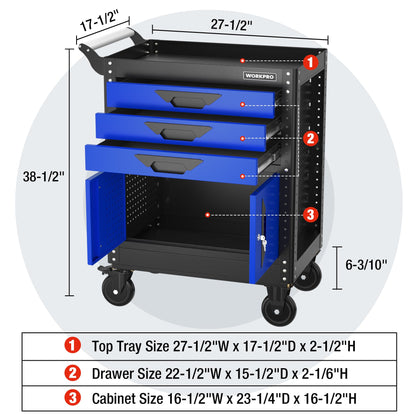 WORKPRO 27.5 Inch 3-Drawer Rolling Tool Chest with Wheels, Portable Steel Tool Cabinets with Drawers, Liners and Locking System for Warehouse, Garage, Black and Blue