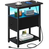 Yoobure Narrow Side Table, LED End Table with Charging Station, 3-Tier End Tables Living Room with Adjustable Fabric Drawer, Small Nightstand with Outlets, Storage Night Stand for Bedroom Small Spaces Yoobure