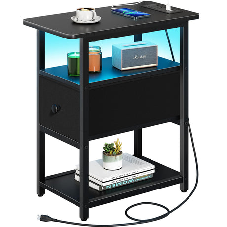 Yoobure Narrow Side Table, LED End Table with Charging Station, 3-Tier End Tables Living Room with Adjustable Fabric Drawer, Small Nightstand with Outlets, Storage Night Stand for Bedroom Small Spaces Yoobure