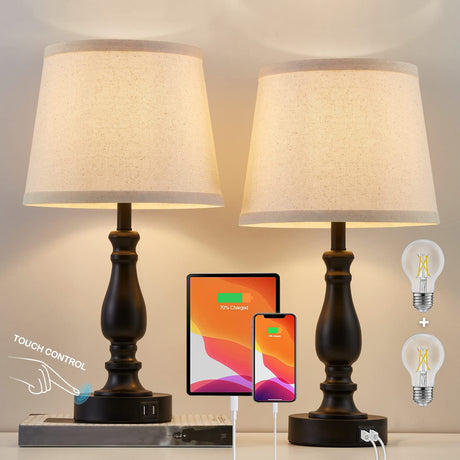 Lamps for Bedrooms Set of 2, Touch Bedside Table Lamps with USB Ports, 3 Way Dimmable Nightstand Lamps with Round Fabric Linen Lampshade for Living Room Reading Bed Side End Table, Bulbs Included EJIAXIN