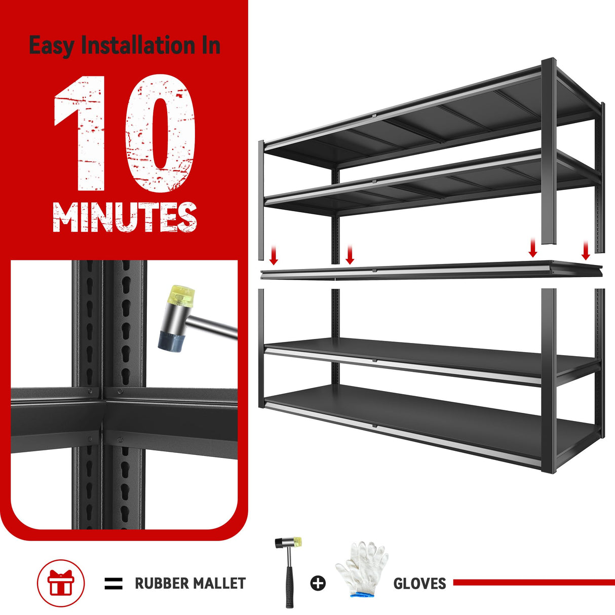 REIBII 78" H Storage Shelves, Garage Shelving Heavy Duty Load 3000LBS, Adjustable Garage Shelving, 5 Tier Metal Shelves Unit for Storage Rack, Basement, 55" W x 26" D x 78" H, Black, 3 Pack REIBII