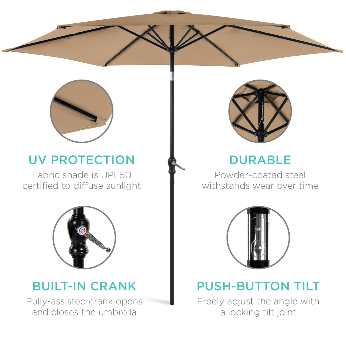 Best Choice Products 10ft Outdoor Steel Polyester Market Patio Umbrella w/Crank, Easy Push Button, Tilt, Table Compatible - Tan Best Choice Products