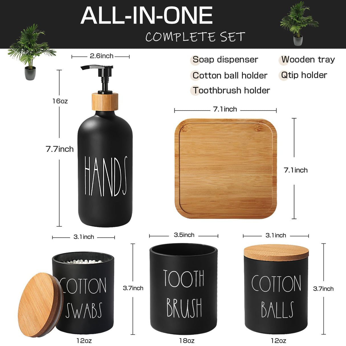 ALPIRIRAL Matte Black Bathroom Accessories Set, 5 Pcs Glass Bathroom Accessory Set with Bamboo Tray, Soap Dispenser and Toothbrush Holder Set, Qtip Holder Set, Farmhouse Boho Bathroom Set Complete ALPIRIRAL
