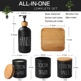 ALPIRIRAL Matte Black Bathroom Accessories Set, 5 Pcs Glass Bathroom Accessory Set with Bamboo Tray, Soap Dispenser and Toothbrush Holder Set, Qtip Holder Set, Farmhouse Boho Bathroom Set Complete ALPIRIRAL