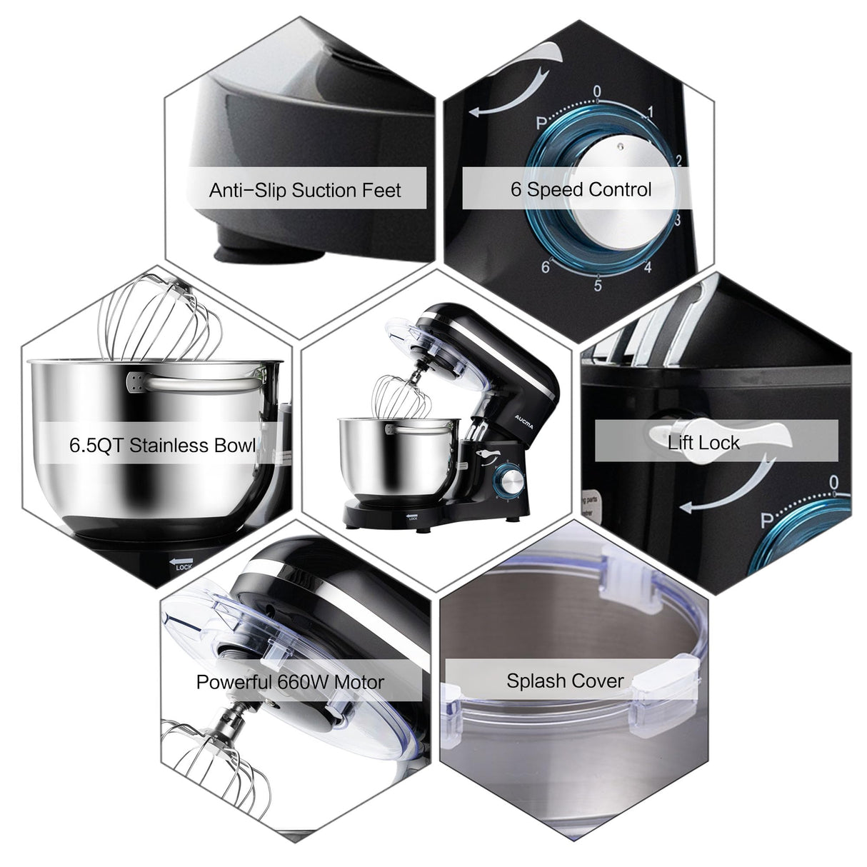 Aucma Stand Mixer,6.5-QT 660W 6-Speed Tilt-Head Food Mixer, Kitchen Electric Mixer with Dough Hook, Wire Whip & Beater (6.5QT, Black) Aucma