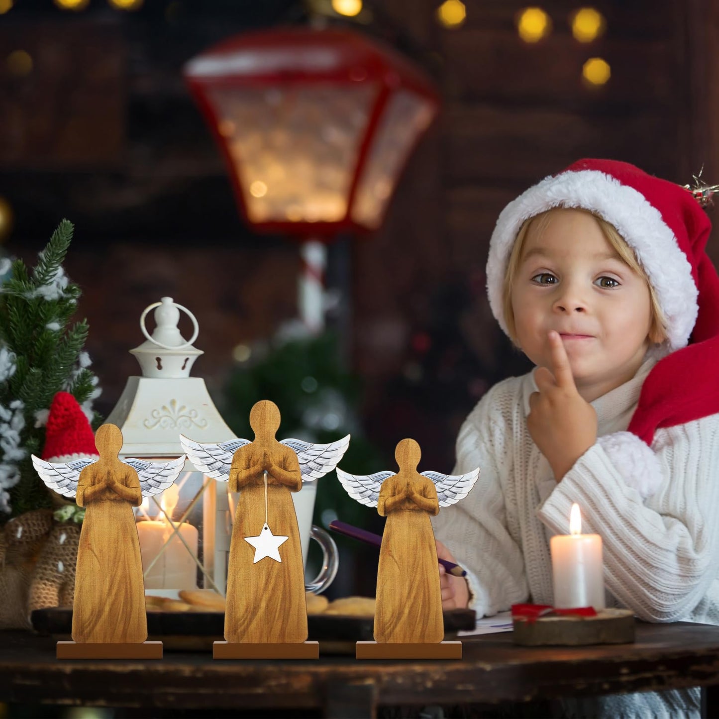 Suzile Set of 3 Wooden Angel Ornament Angel Statue Figurine Angel Shaped Christmas Ornaments Farmhouse Rustic Xmas Angel Table Crafts for Christmas Home