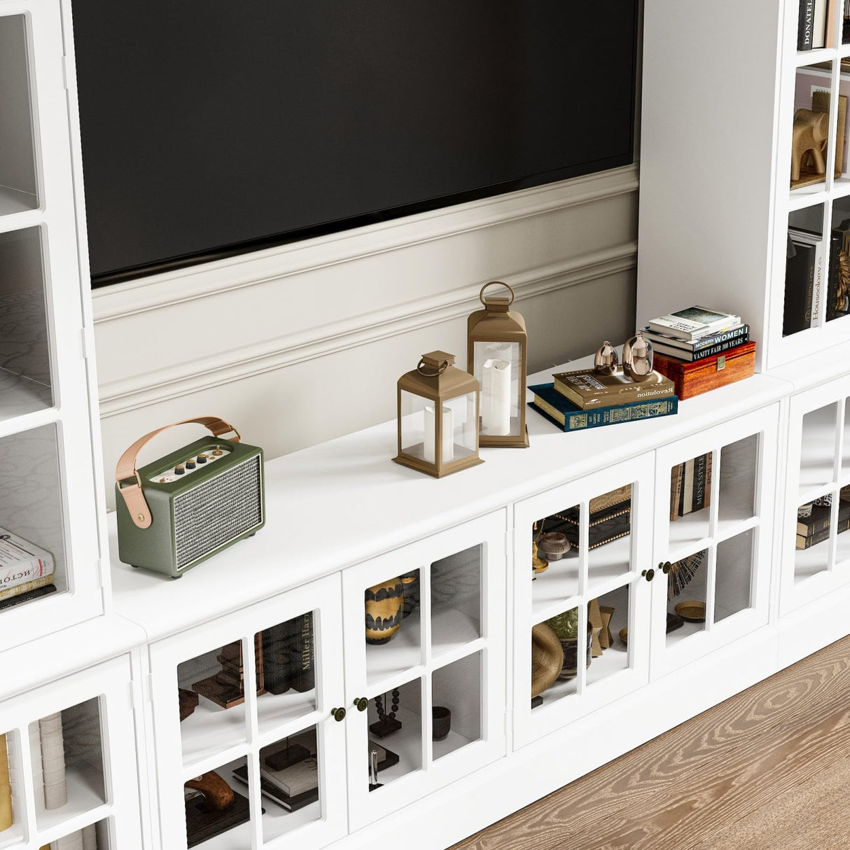 JOIKUJIA 125” Wall Units TV Stand with Glass Doors, Large Entertainment Center with Bookshelves, Modern Media Center with Storage, White, 125.2”W x 15.7”D x 76”H JOIKUJIA