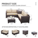 Patio PE Wicker Furniture Set 4 Pieces Outdoor Brown Rattan Sectional Conversation Sofa Chair with Storage Box Table and Khaki Cushions Valita