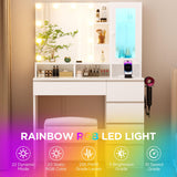 ERLEJIA Vanity, Vanity with Mirror and Lights, 35.43" Makeup Vanity Desk with Stool and Power Strip, Dressing Table with 6 Drawers and 6 Open Shelves with RGB LED Lighting Cabinet, White ERLEJIA