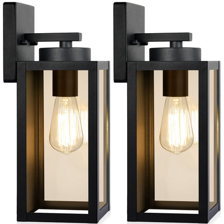 Outdoor Wall Light Fixtures, Exterior Waterproof Wall Lanterns, Porch Sconces Lighting with E26 Sockets & Glass Shades, Modern Matte Black Outside Lights for Patio Front Door Entryway Garage, 2-Pack BesLowe