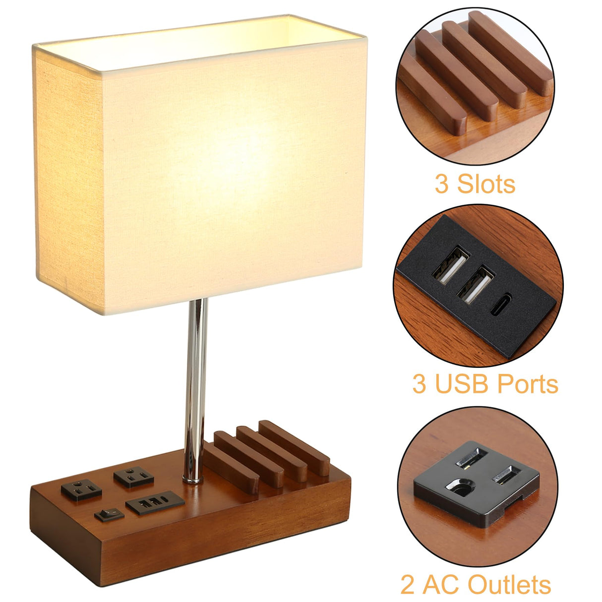 Briever USB Table Lamp, Multi-Functional Bedside Desk Lamp with 2 AC Outlets, 3 USB Charging Ports and Wooden Phone Stands, Modern Nightstand Lamp for Bedroom, Guest Room, Office Briever