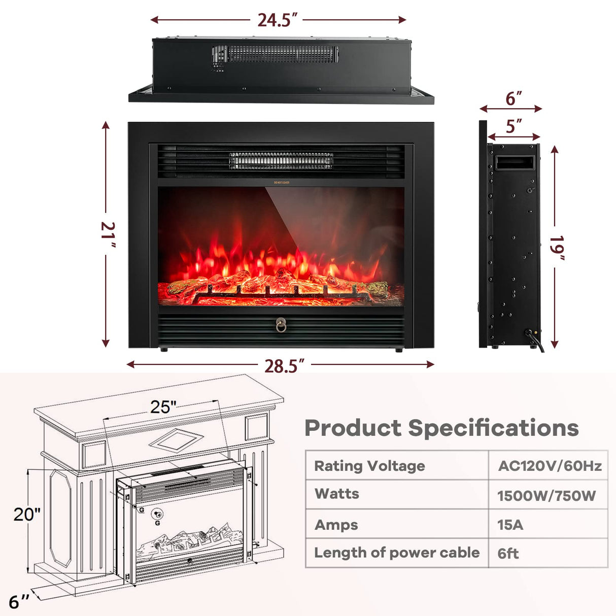 GLACER 28.5'' Electric Fireplace Insert, Recessed & Freestanding with Adjustable Flame Color Timer, Indoor Heater w/Remote Control (750W/1500W) Black… GLACER