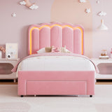Twin Upholstered LED Bed Frame with Storage Drawer and Adjustable Chic Double Wavy Headboard, Velvet Princess Platform Bed for Girls/Kids, Solid Wood Slats Support, No Box Spring Needed, Pink Jocoevol