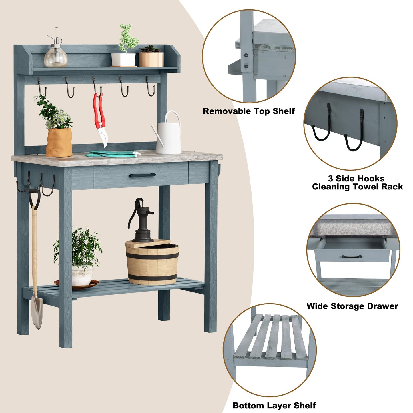 HOLTICO Outdoor Potting Bench Table with Metal Tabletop, Planting Table Potting Work Station with Storage Drawer and Removable Shelf Rack, Garden Potting Table for Outdoors - WoodArtSupply