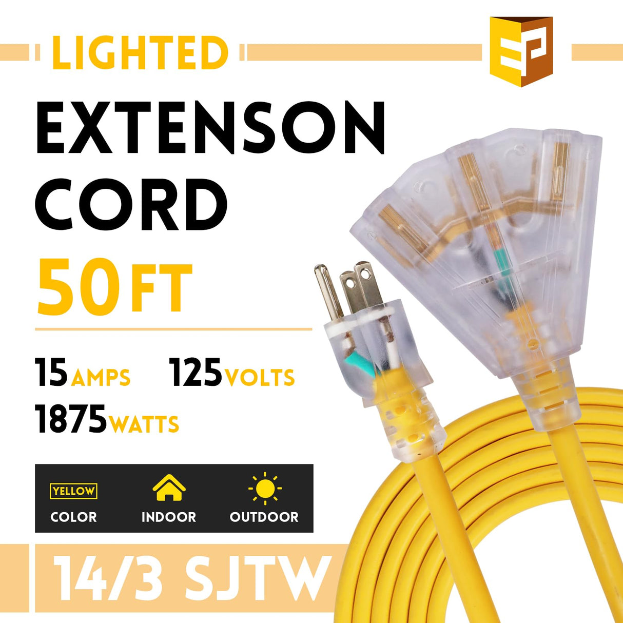 EP 50 Ft Lighted Outdoor Extension Cord with 3 Electrical Power Outlets - 14/3 SJTW Heavy Duty Yellow Extension Cable with 3 Prong Grounded Plug - Power Cord for Lawn, Garden, Appliances EP