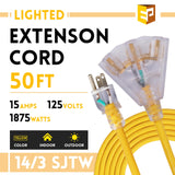 EP 50 Ft Lighted Outdoor Extension Cord with 3 Electrical Power Outlets - 14/3 SJTW Heavy Duty Yellow Extension Cable with 3 Prong Grounded Plug - Power Cord for Lawn, Garden, Appliances EP
