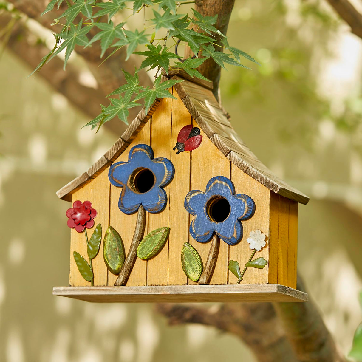 Glitzhome 10.75" L Distressed Solid Wood Hanging Birdhouse with 3D Flowers Rustic Two-Story Townhouse Hand-Painted Garden Bird Houses for Outdoors,Washed Yellow Glitzhome