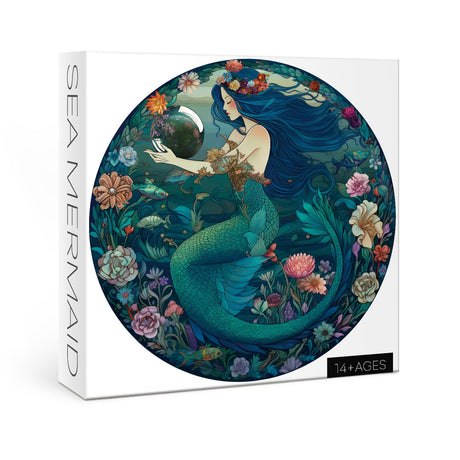 Ocean Mermaid Puzzle 1000 Pieces, Sea Princess Fairy Mandala Jigsaw Puzzles for Adults, Zodiac Mystic Underwater Green Round Puzzles BBOLDIN
